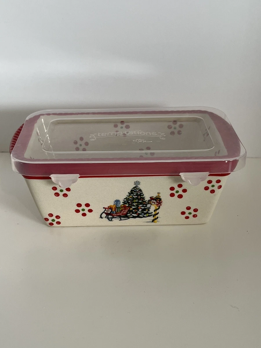 Temptations Tara Holiday 12 Oz Mini Loaf Pan w Lid Christmas Tree Sleigh