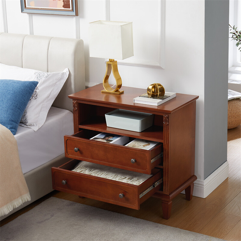 Walnut Nightstand with Charging Station Bedroom End Table with Storage Drawers