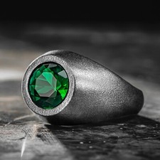 925 Sterling Silver Basic Oxidized Round Green Zircon Stone Men Ring