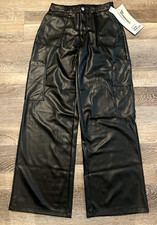 No Boundaries Wide Leg Cargo Pants Black Faux Leather Look Juniors Small 4-6