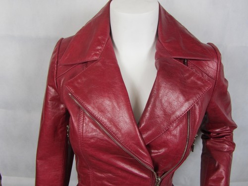 Damen weinrot Glasur Leder schmale eng anliegende Bikerjacke Fahrrad - Bild 3 von 7