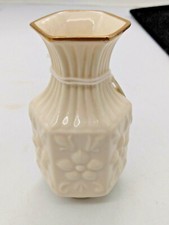 Vintage Aynsley Miniature China Vase. Camellia Pattern. Cream/ Gold Tip 1960's