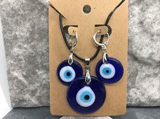 3 PC Set 18-20  Black Cord Round Pendant Necklace  Earring Evil Eye New 6210