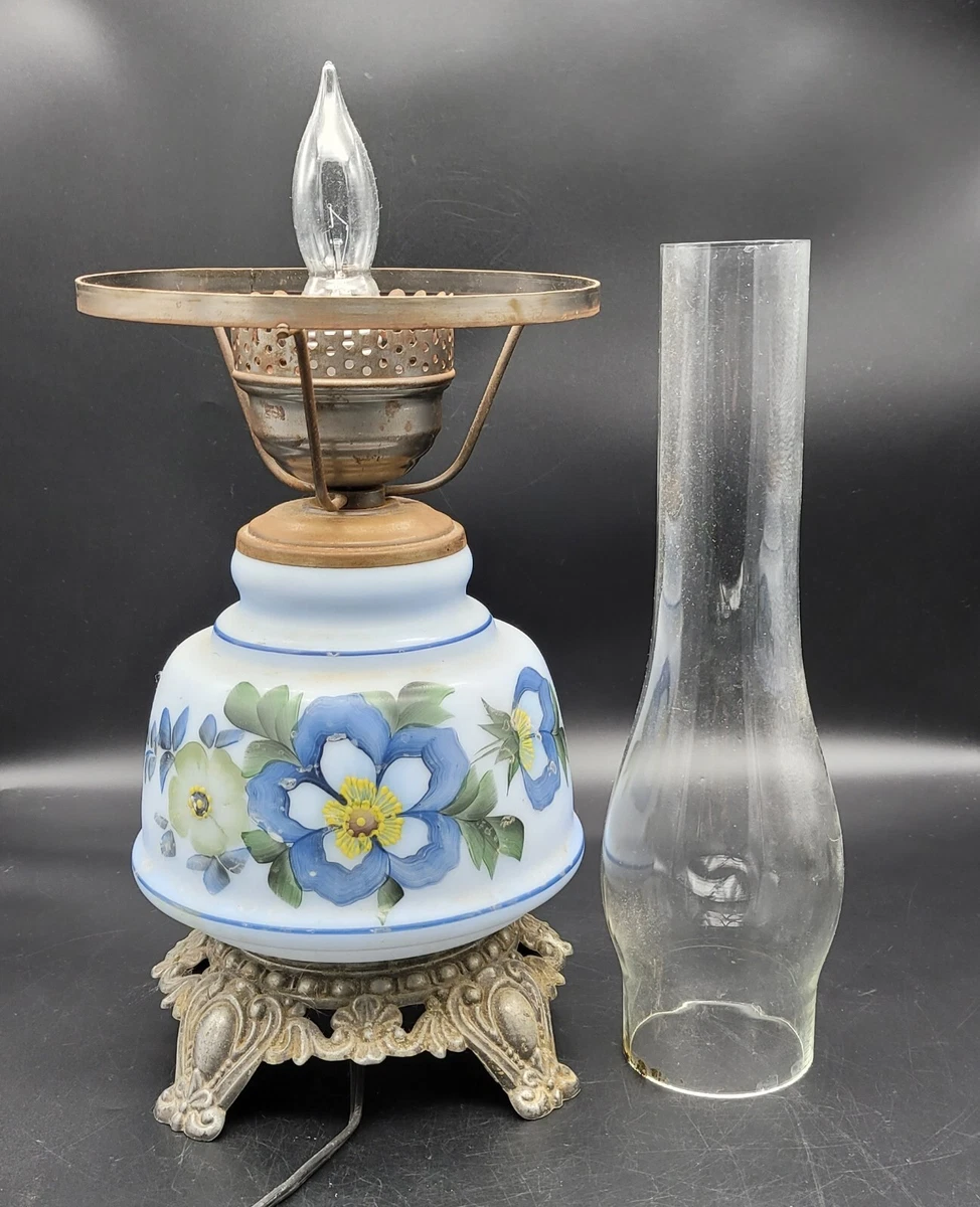 Vintage Light Blue Floral Hurricane Lamp With Metal Base