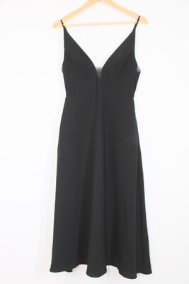 Allen Schwartz 6 Black Plunge Mesh Panel Crepe Spaghetti Strap Formal Midi  Dress | eBay