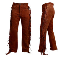 New Men Western wear Native American Cowhide suede leather pants with fringe