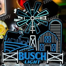 FARM BUSCH LIGHT BARN COW WINDMILL RANCH AGRICULTURE BLUE LED NEON BEER BAR SIGN