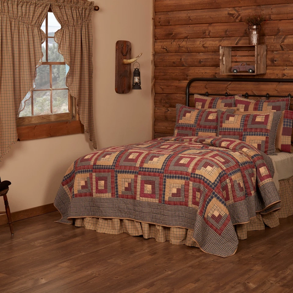 Millsboro Luxury King Quilt Country Log Cabin Patchwork Burgundy Khaki Navy - Image 2 of 4