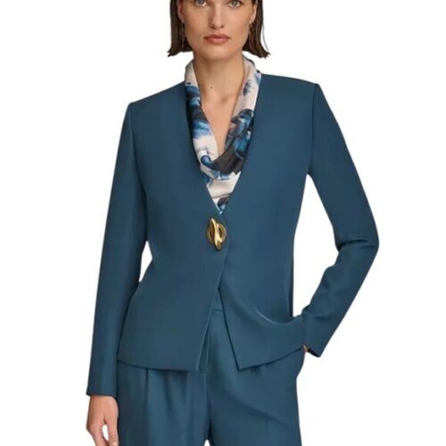 Donna Karan Women's Collarless Turnlock Blazer Teal Size 10 retail $179