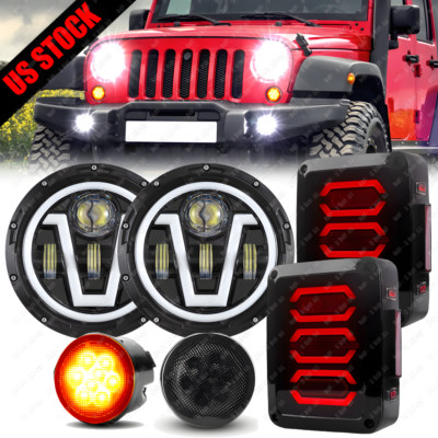 Combo 7'' Halo Led Headlights Turn Signals Tail Lights For Jeep Wrangler JK 07-18