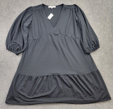 Loft Jacquard Balloon Sleeve V-Neck Dress Womens 6 Black NWT