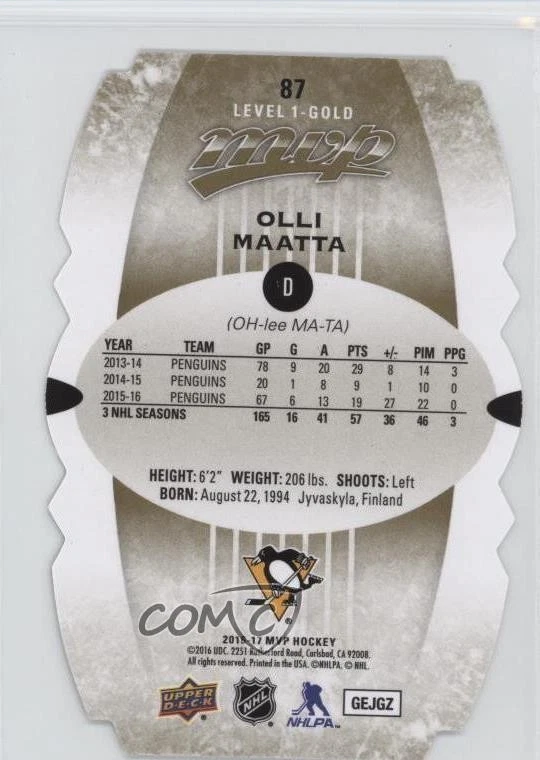 2016-17 Upper Deck MVP Level 1 Gold Colors & Contours Olli Maatta #87 - Image 2 of 2