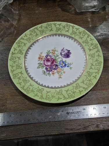 Vintage Pirkenhammer Czechoslovakia Porcelain Plate Green Gold Floral Tulip...