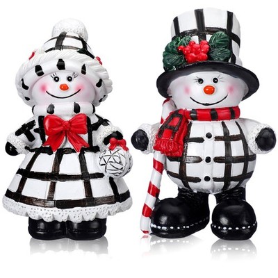 2 Pieces Winter Snowman Figurines Decorations Black and White Resin Snowman W...
