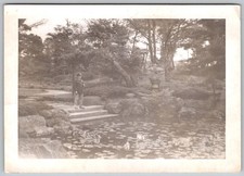 Vtg B&W Snapshot Man In Garden With Pond 1940s