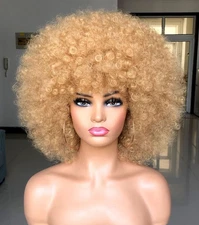 Short Afro Wig with Bangs for Black Women Afro Kinky Curly Wig 70s Premium Sy...