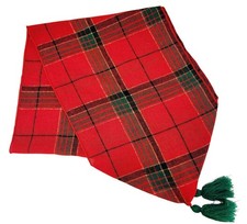 VTG Red Green Black Plaid Christmas Holiday Table Runner Tassels Gold Thread 70  