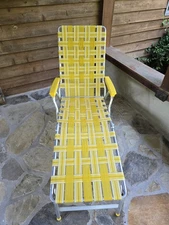 Vintage Aluminum Webbed Folding Chaise Lounger Lawn Chair Yellow White