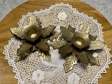 Vintage Pair Of India Brass Holly Leaf Candle Stick Holders