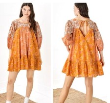 American Eagle Mini Dress Sz M Orange Floral Open Back Boho Peasant Puff Sleeve