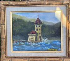 VTG BEAUTIFUL OIL PAINTING ARTIST SIGNED SANTIAGO LIGHTHOUSE NAUTICAL SEASCAPE