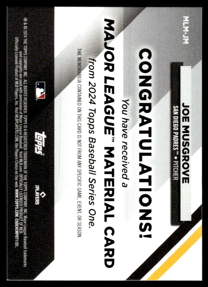 2024 Topps Major League Material Joe Musgrove San Diego Padres #MLM-JM - Image 2 of 2