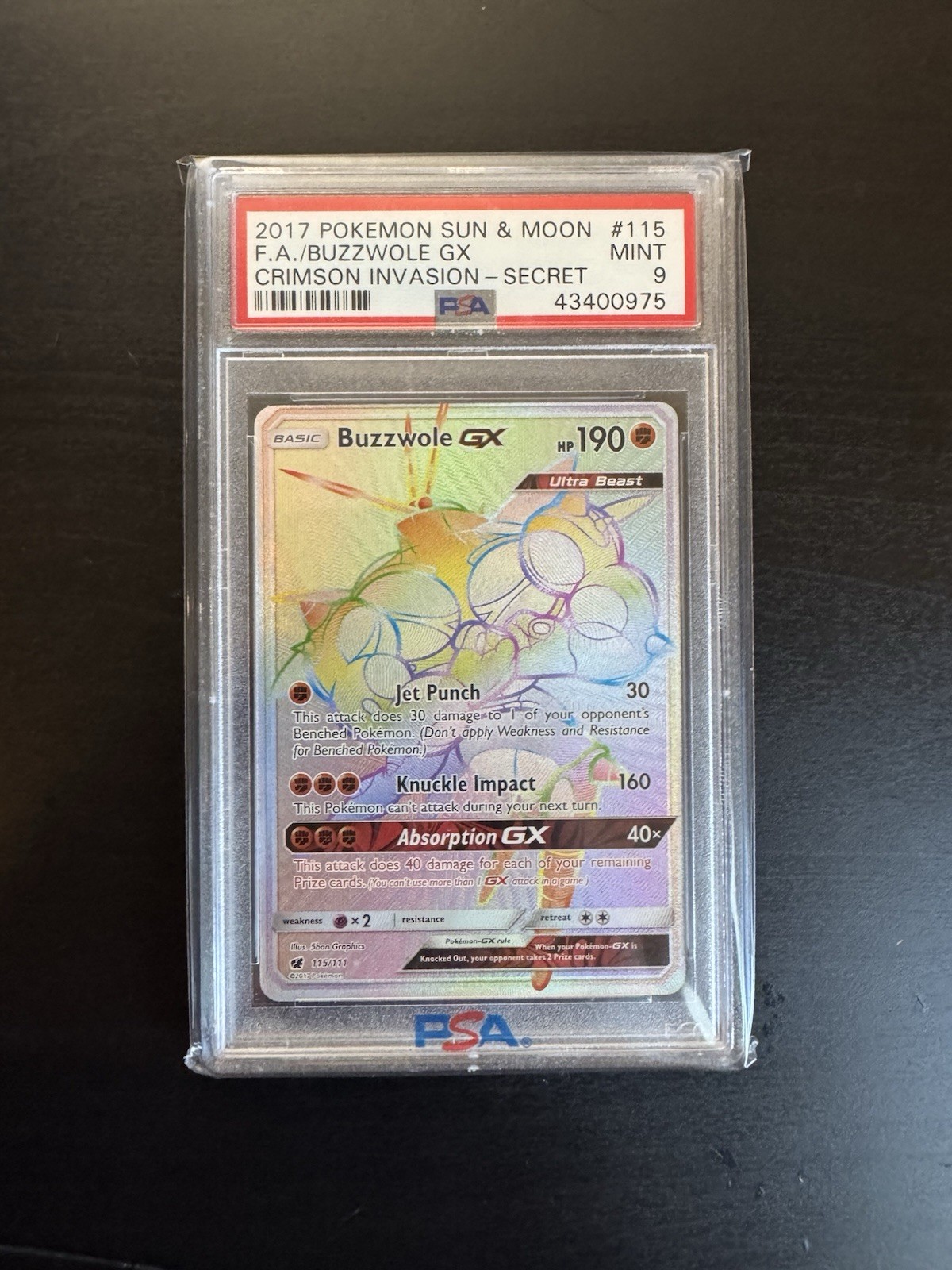 Buzzwole GX 115/111 Rainbow Secret Rare Crimson Invasion Pokemon Card PSA 9