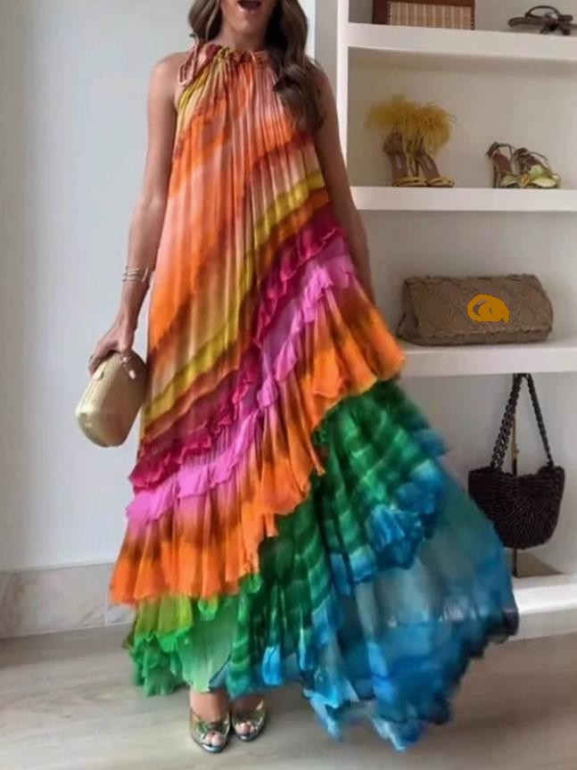 Womens Fashion Summer Beach Sleeveless Colorful Maxi Long Dress Loose Fit Casual