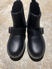 Dr. Martens Black Leather Biker Ankle Boots Buckle Pull On Round Toe Unisex 7