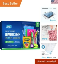 12 Extra Large Reusable 3 Gallon Bags - 16" x 18", Secure Zipper Closure