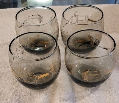 4 Vintage Roly Poly Barware Automotive/Industrial Gold Graphics MCM   (T13)