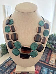 Coldwater Creek Double Bib Necklace 20" Flat Faux wood & stone Discs.
