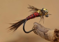 Tungsten Bit Hooker Red Jig Head Fly Euro Nymph Tied on Hanak Hooks - 6ct Pac...