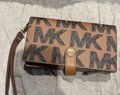 Michael Kors Double Zip Phone Wallet Wristlet Brown Black Signature MK Travel