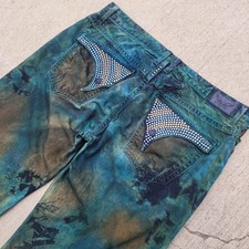 Pantalones Cortos de Jean Robins Para Hombre 40 Estrás Tachonados Lavado Ácido Solapa Larga 16" Tie Dye