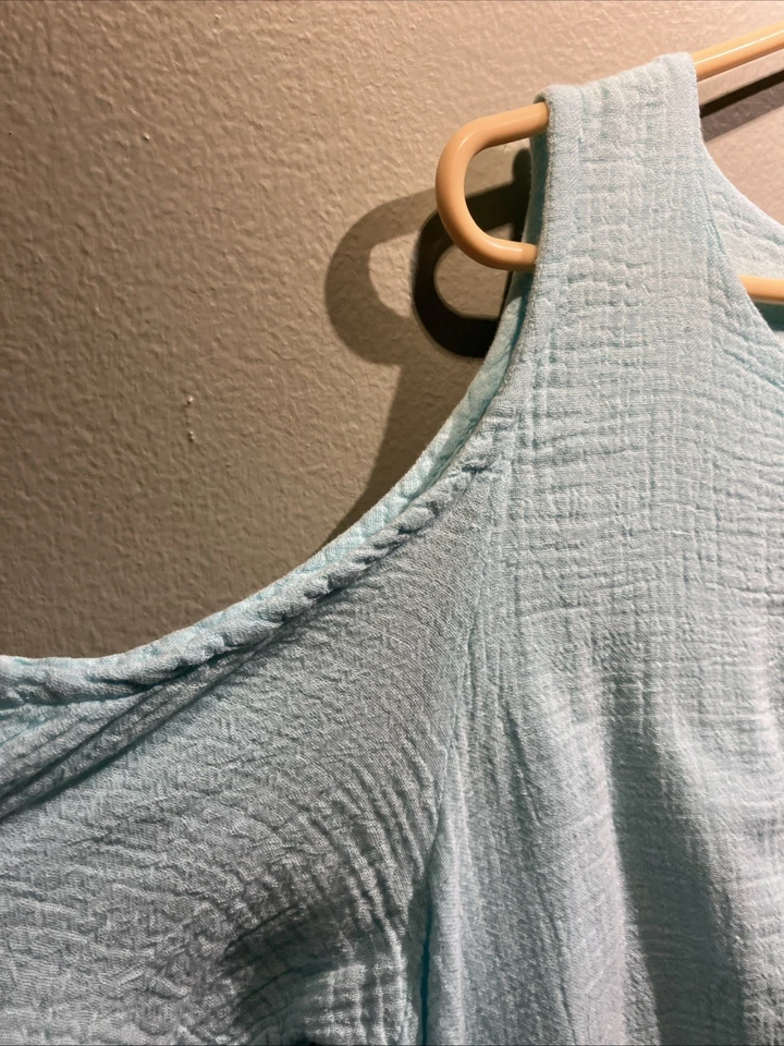 Top Dunas Mujer Grande Azul Cielo Lagenlook Niveles Playa Algodón Hombros Fríos Foto 4 de 4