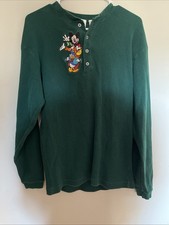 Vintage Disney Shirt M Green Henley Thermal Mickey Mouse Goofy Donald 90s