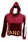 JUSTICE ACTIVE HOODIE SIZE 10 BURGUNDY VELOUR "DANCE" IN GOLD PRINT FRONT-SLEEVE — photo 1