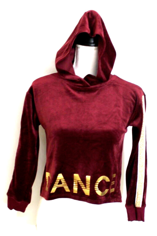 JUSTICE ACTIVE HOODIE SIZE 10 BURGUNDY VELOUR "DANCE" IN GOLD PRINT FRONT-SLEEVE