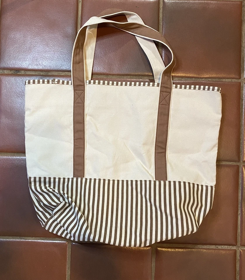 French Bulldog Striped Tote Bag E & S Pets Paw Prints Brown Beige Beach Travel - Image 3 of 4