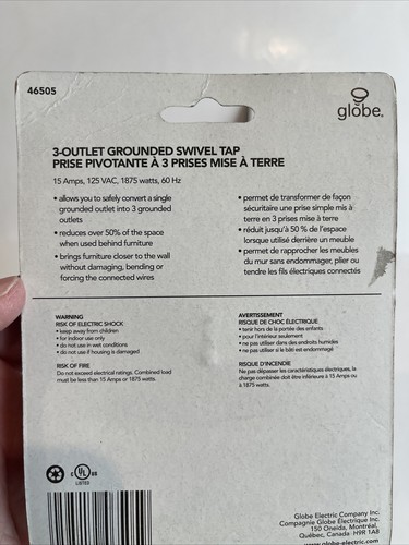 2 pc - GLOBE 3 Outlet Lateral Swivel Grounded Wall Adapter Tap NEW - Photo 11/15
