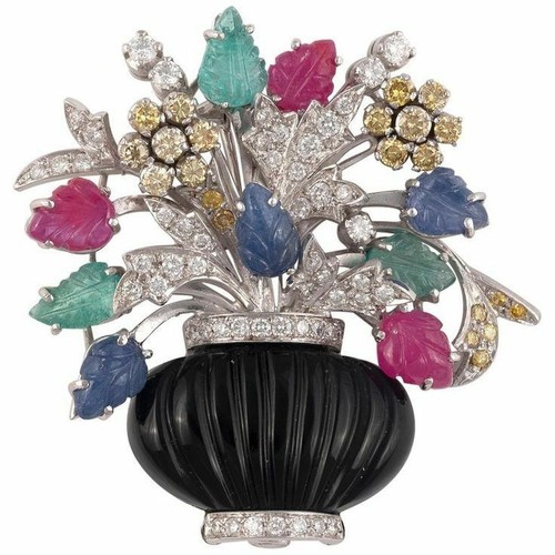 925 Sterling Silver Brooch Cubic Zirconia Carved Ruby Onyx Fruit basket