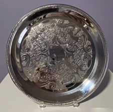 Vtg F.B. Rogers 12.5" Silver Plate Rd Serving Tray Floral Scroll Unique Pattern
