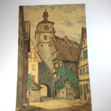 Antique 1925 Color Pencil Drawing Rothenburg Germany  16.5" Unframed Signed
