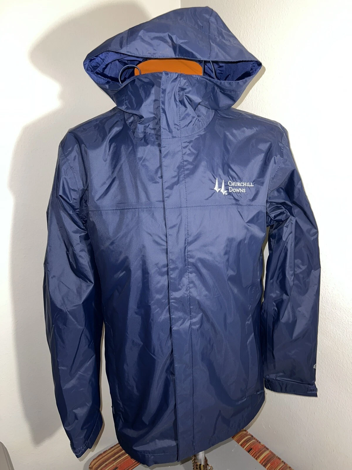 A6 Mens Jacket Churchill Downs Packable Blue Columbia Omni-tech Hooded Small EUC