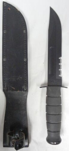 Vintage KA-BAR USA 1211 Black Military Fixed Blade Combat Knife & Leather Sheath