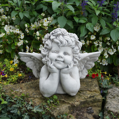 Engel Büste mit Flügel Steinfigur 30 cm 15 kg Grau Weißbeton frostsicher