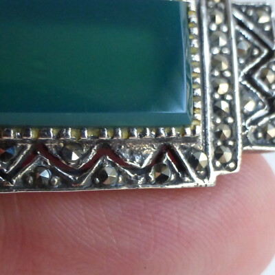 Broche Art Déco Années 1920/30 En Argent & Marcassite Avec Chrysoprase/agate – 40mm