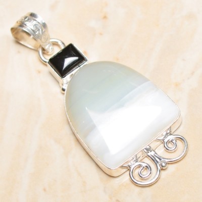 Pendentif En Argent 925 Sertie D'Agate, Onyx Et Jasper - Fait Main, 2.25 Pouces - Neuf