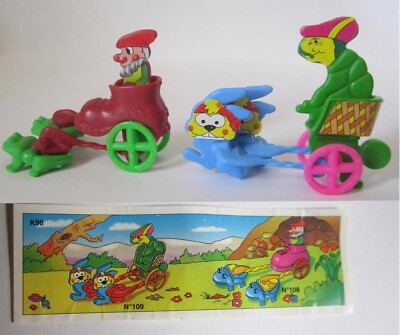 Pair of Fun Kinder Surprise Critters and Carts From '96  With 2 Papers
